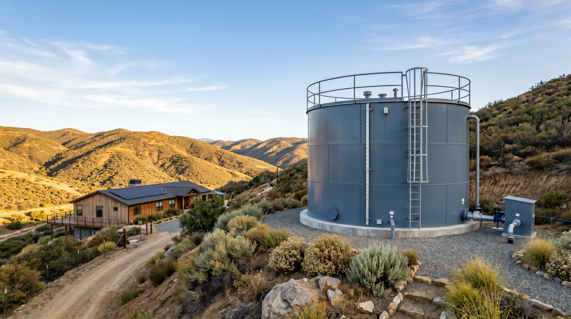 Professional water storage tank installed on a Southern California hillside property