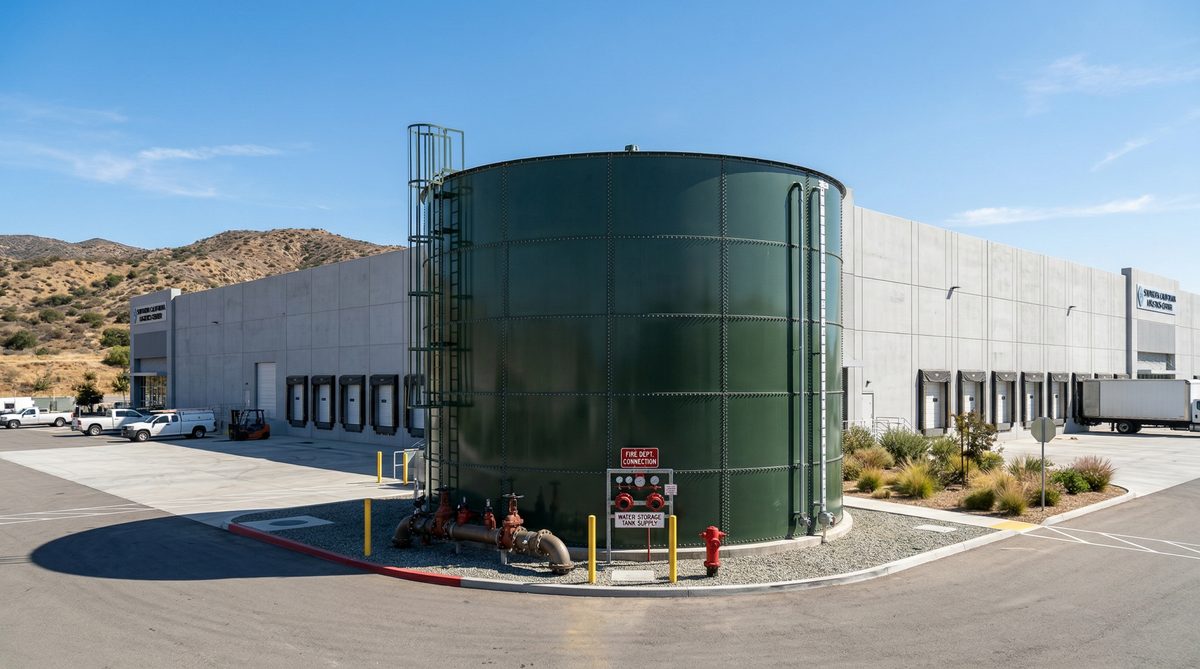 Large commercial fire water storage tank installation at an industrial facility in Southern California