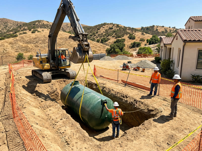 Underground water tank being installed on a property