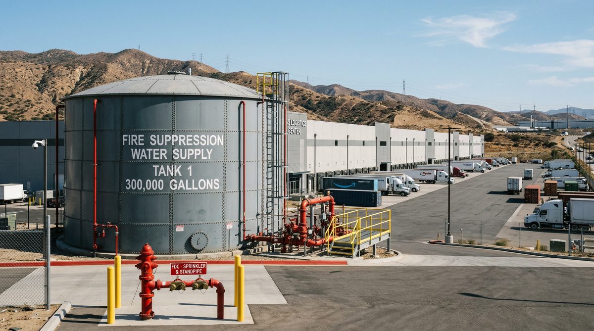 Large warehouse distribution center with fire suppression water tank for ESFR sprinkler system